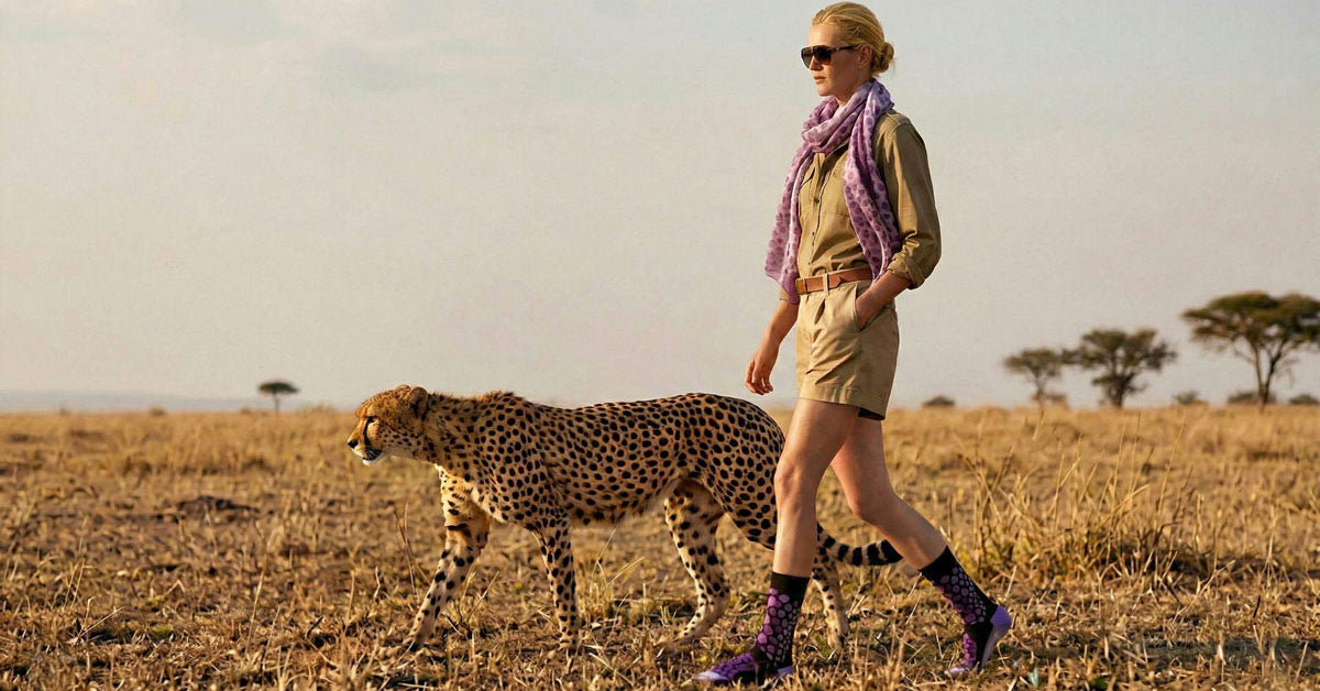 Shongolulu cheetah scarf model walking with cheetah