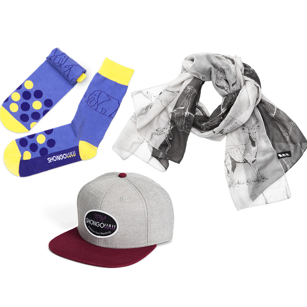 Shongolulu socks scarf and flat brim baseball cap product bundle