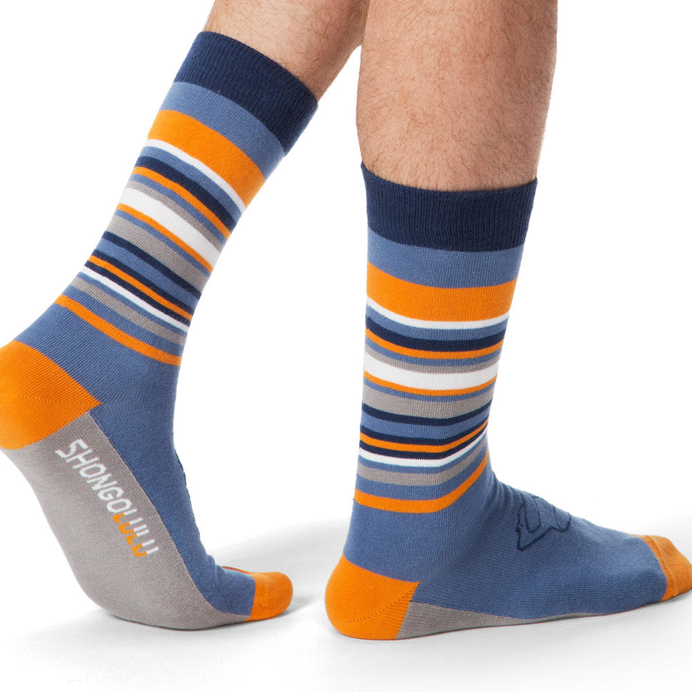 Colorful striped socks by Shongolulu featuring blue orange and grey striped versions