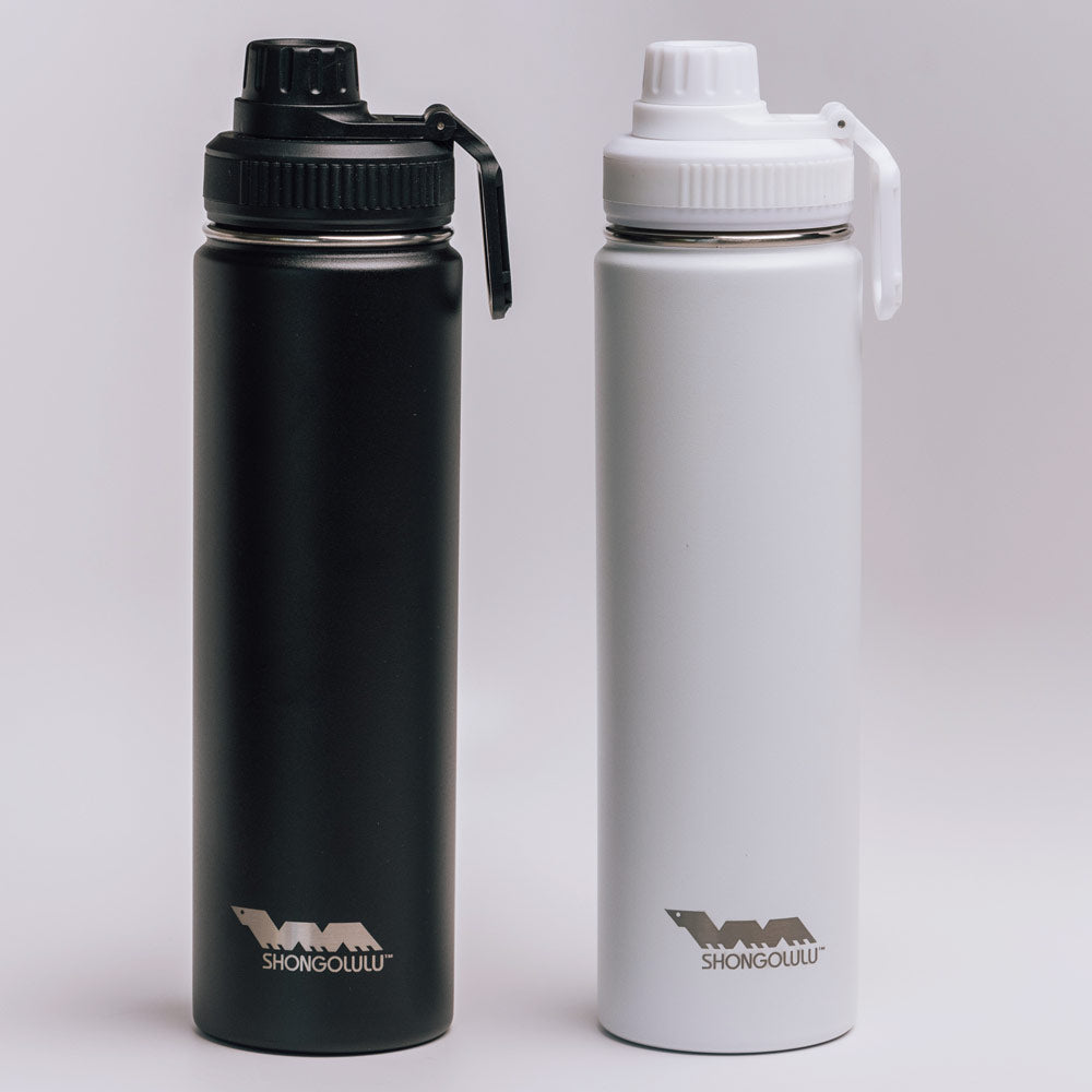 Shongolulu water bottles shown in black and white