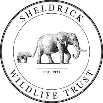 Logo of Sheldrick Wildlife Trust with an elephant and calf illustration.