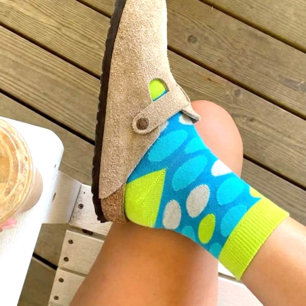 Neon Green & Blue Crew Socks w Spots and Stripes shown worn with Uggs sandals