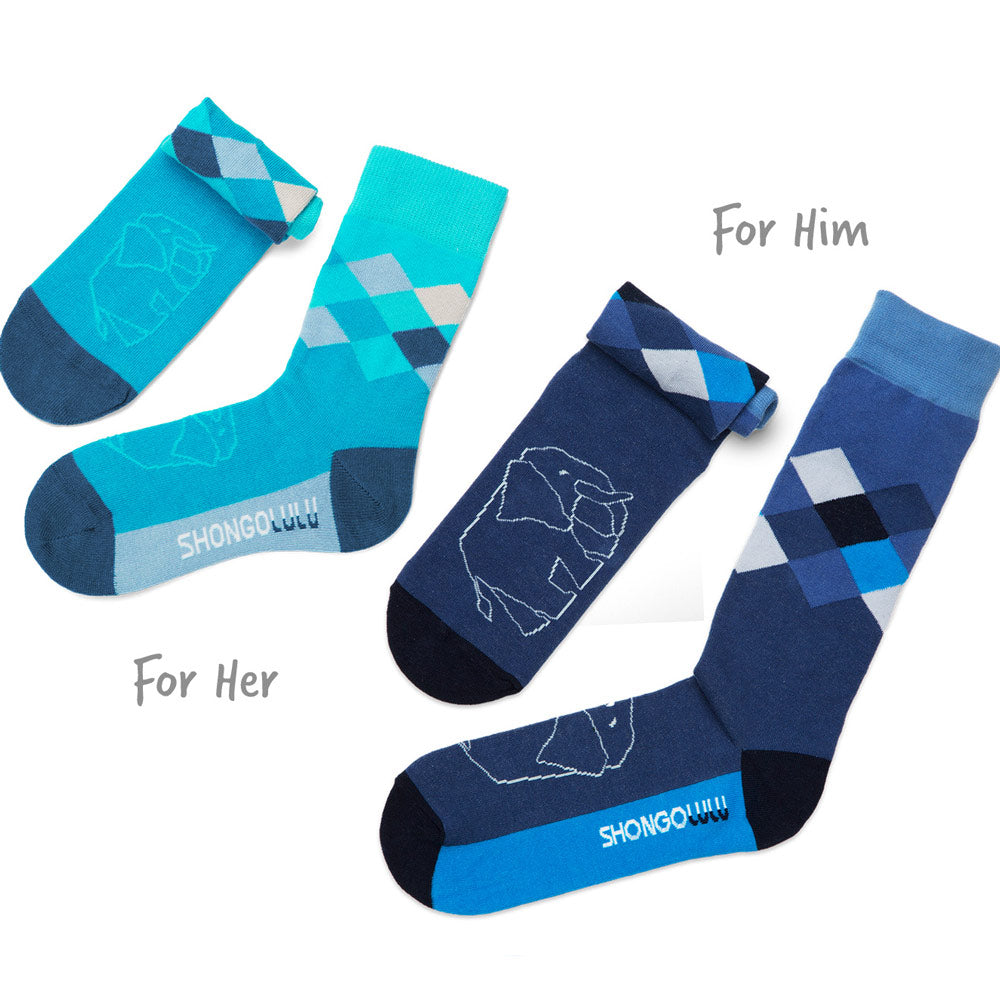 His & Hers Sock Set - Elephant Print Blue Argyle