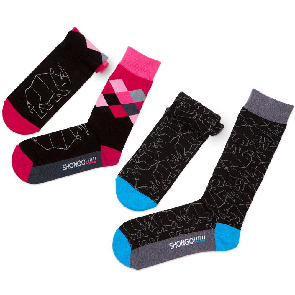 Tall & Crew Sock Set - Black Rhino Print Pink & Black Argyle w Blue & Grey