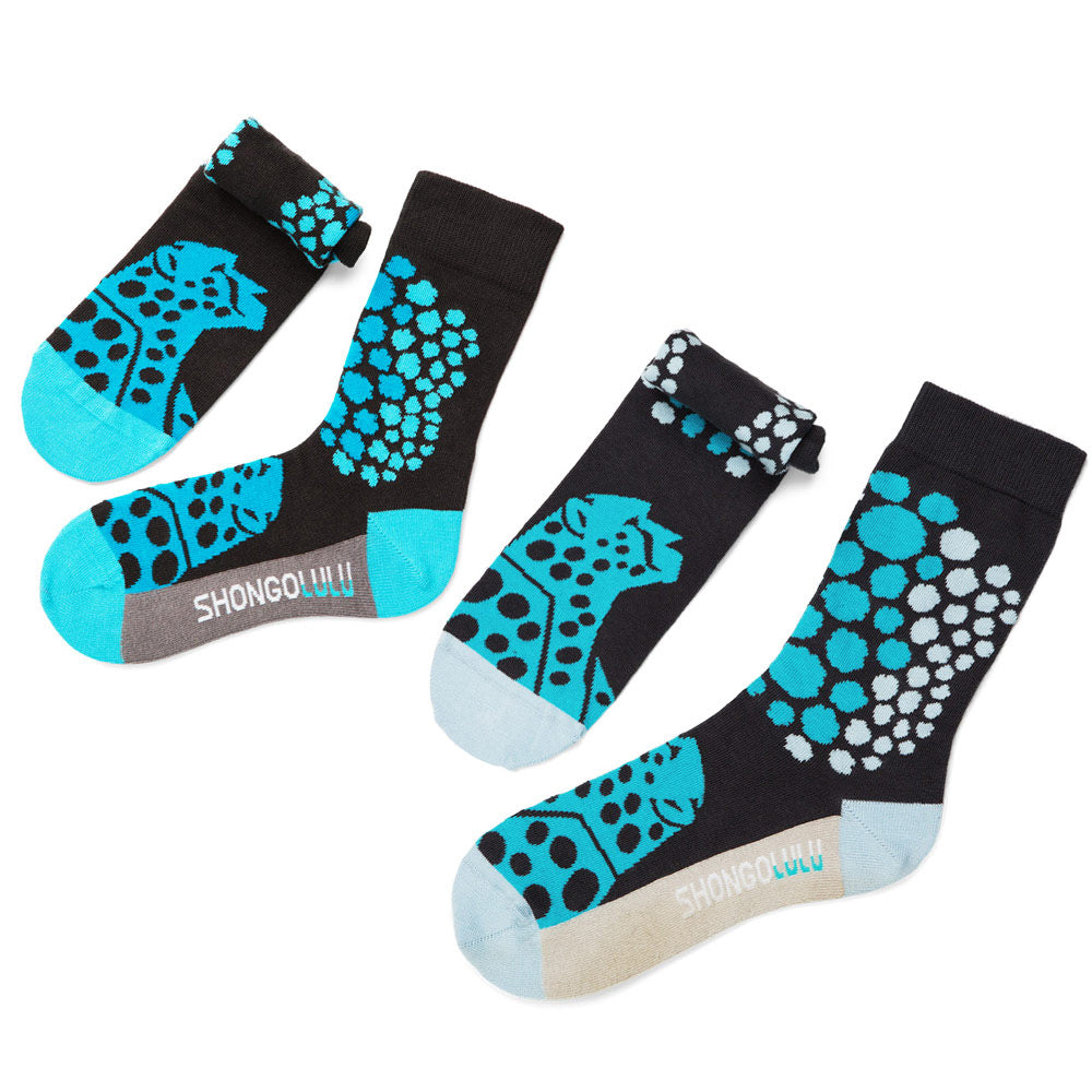 Tall & Crew Length Sock Set - Cheetah Print Teal & Black