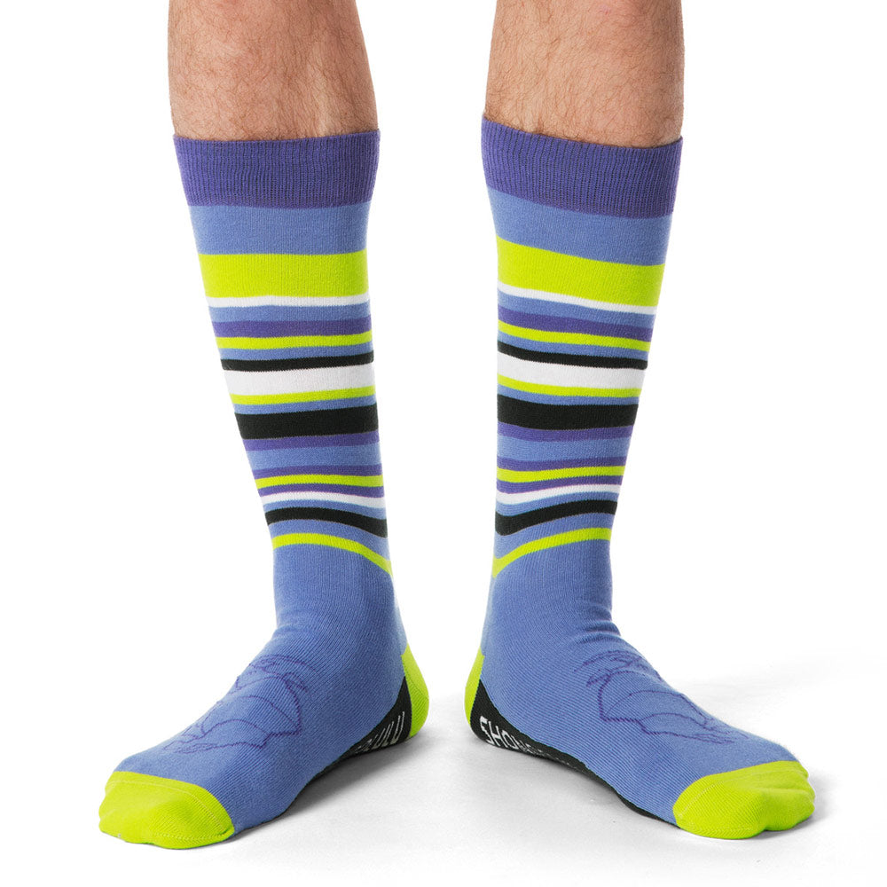 Rhino Print Blue & Neon Green Yellow Stripes Tall Socks