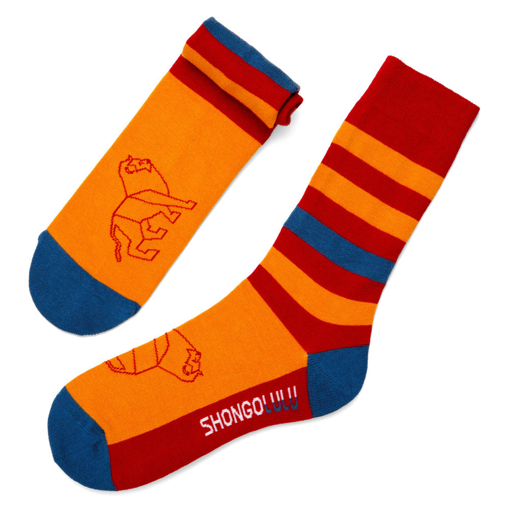 Lion Print Red, Orange & Blue Striped Tall Socks - Shongolulu