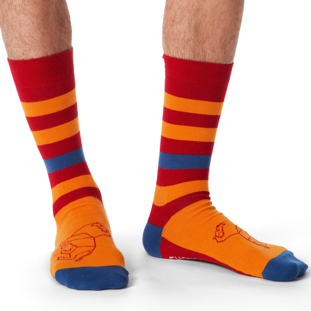 Lion Print Red, Orange & Blue Striped Tall Socks - Shongolulu