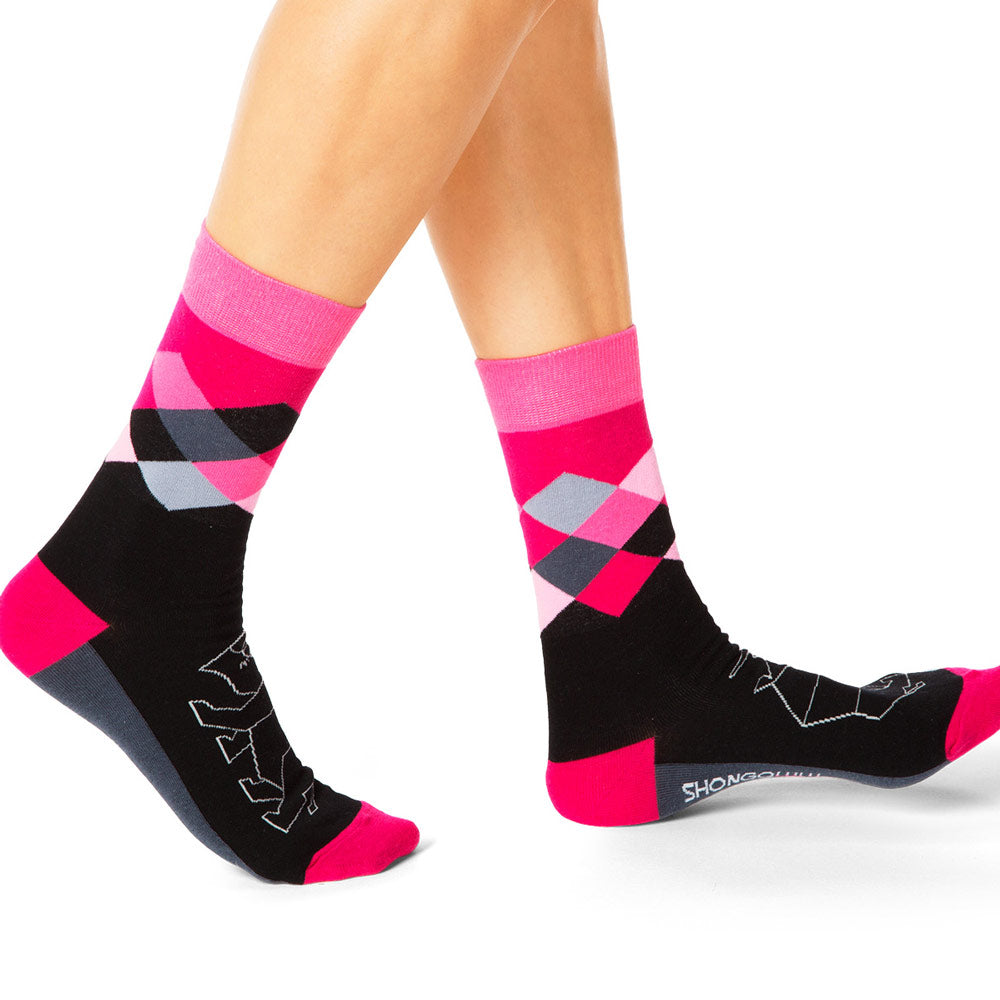 Rhino Pink & Black Argyle Socks for Women & Girls