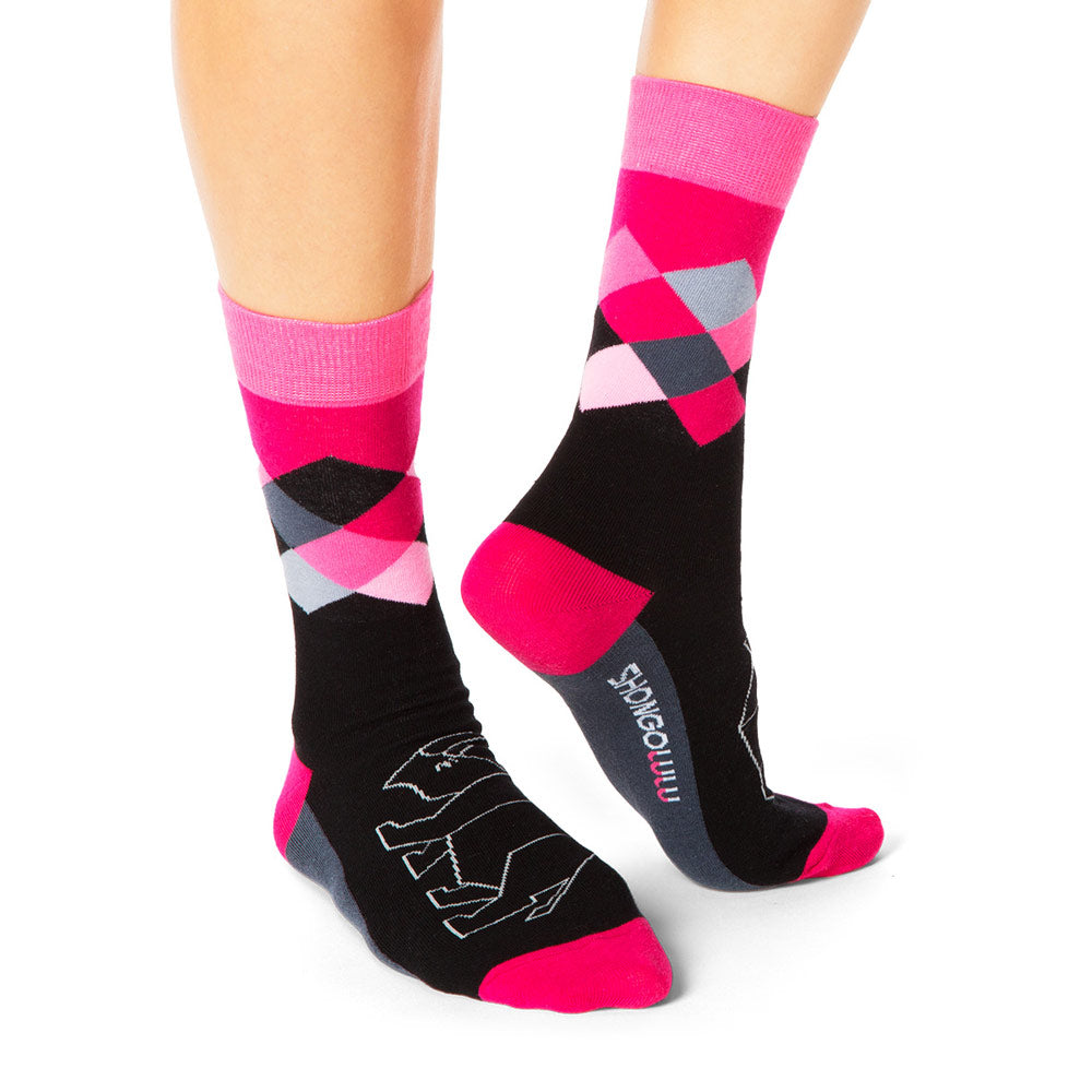 Rhino Pink & Black Argyle Crew Socks - Shongolulu