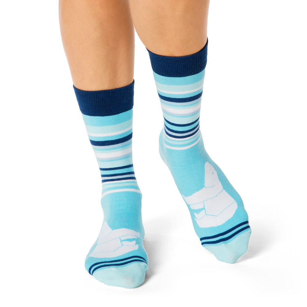 Polar Bear Print Blue Stripe Crew Socks - Shongolulu