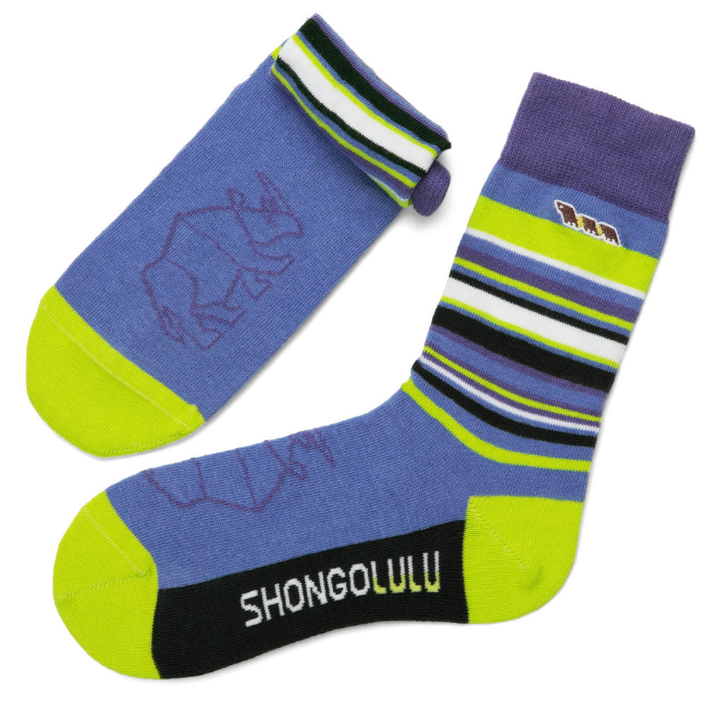 Rhino Print blue and neon green and black striped crew Socks shown as a  pair