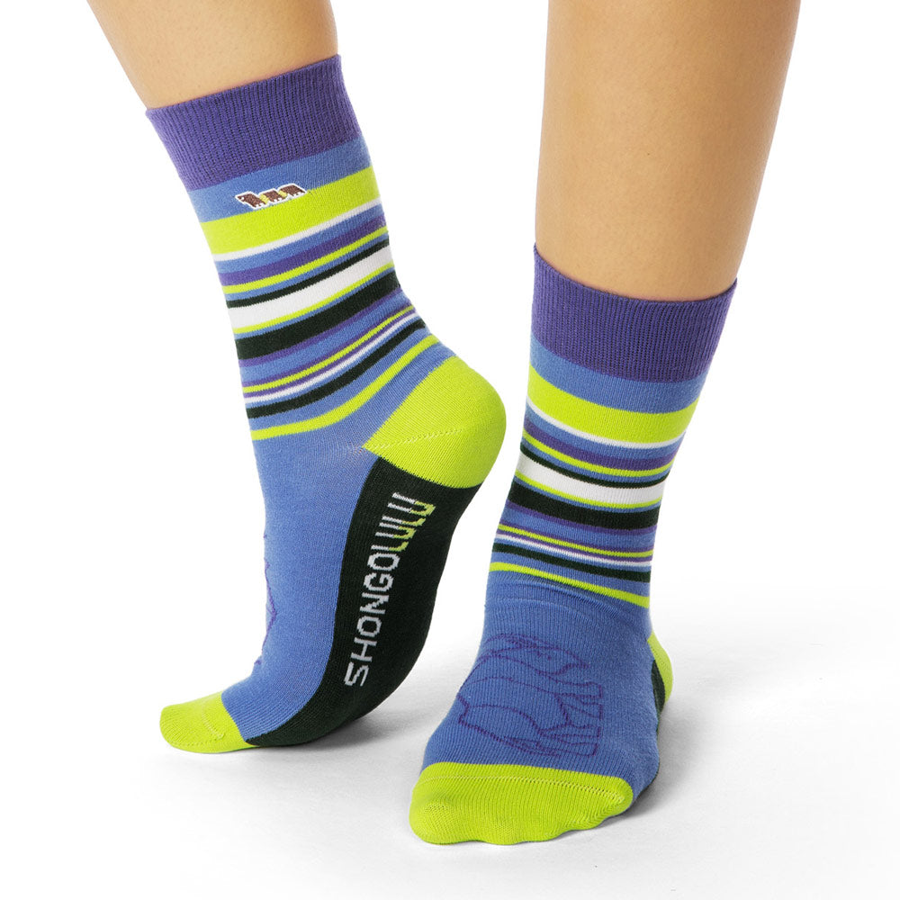 Rhino Print blue and neon green and black striped crew Socks shown as a  pair