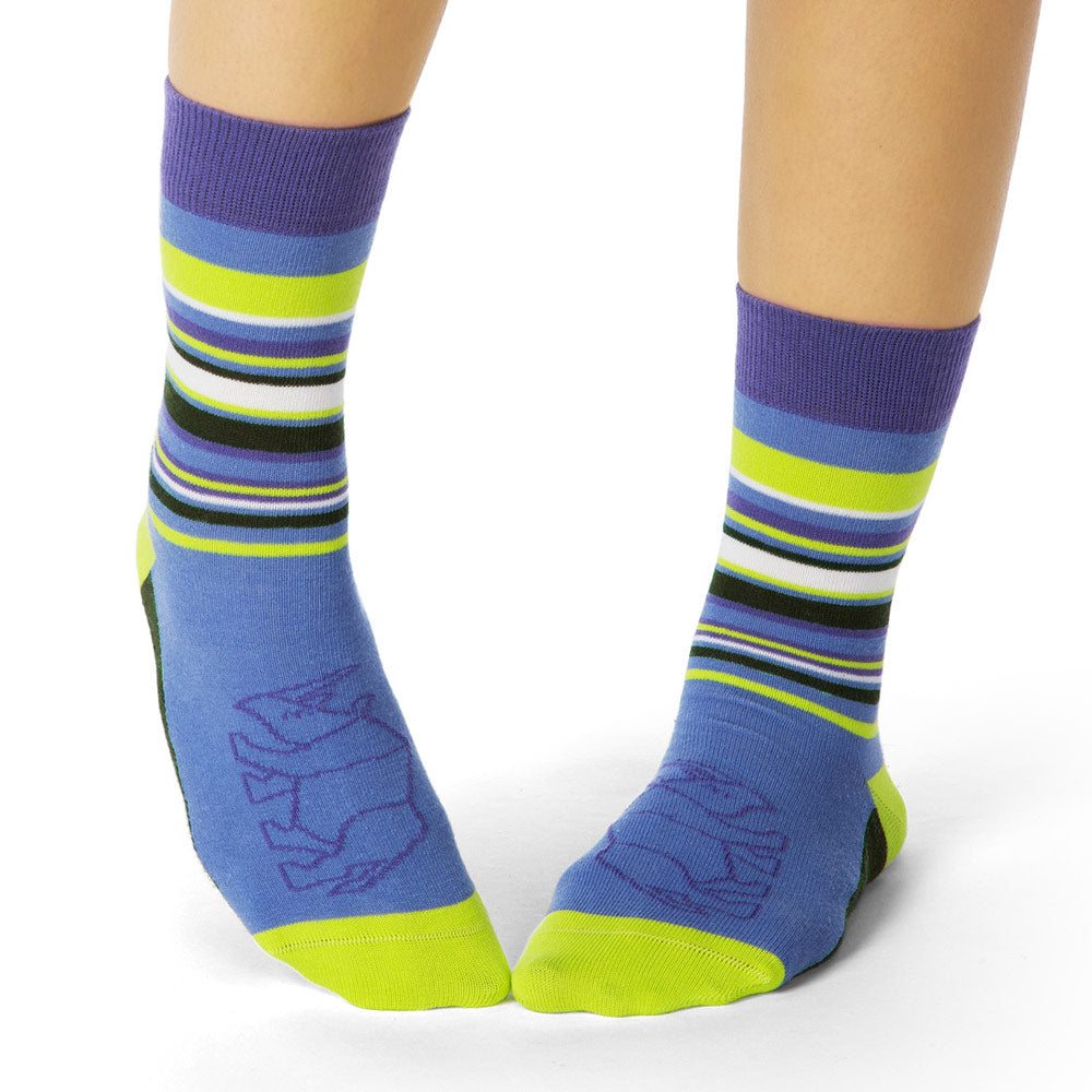 Rhino Print Purple, Neon Green, White & Black Stripe Crew Socks