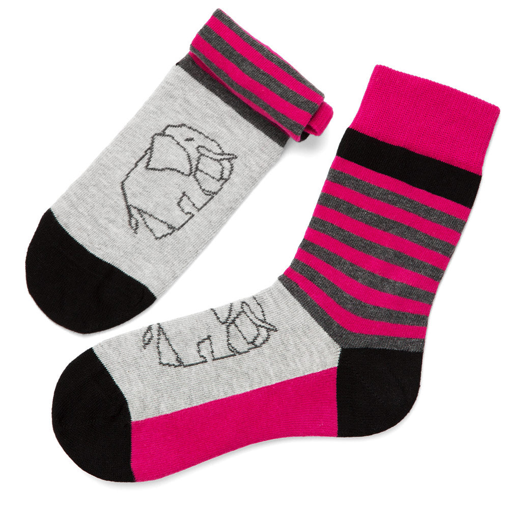 Ellie Pink & Black Stripes Elephant Print Crew Socks