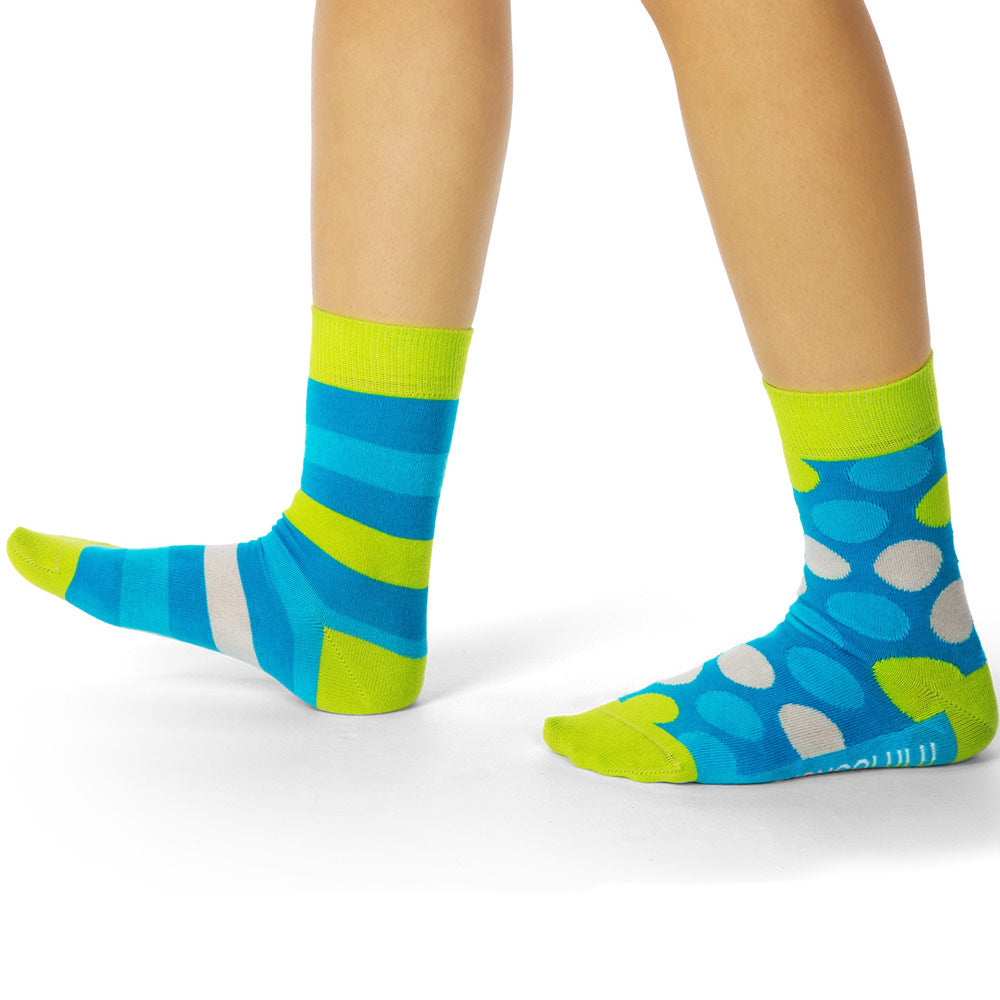 Spots and Stripes Neon Green & Blue Crew Socks - Shongolulu