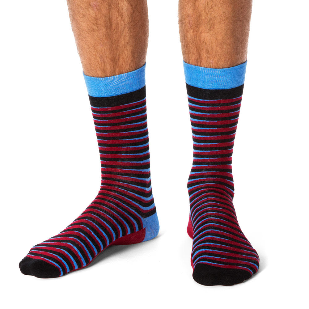 tall colorful striped socks in blue and red and black