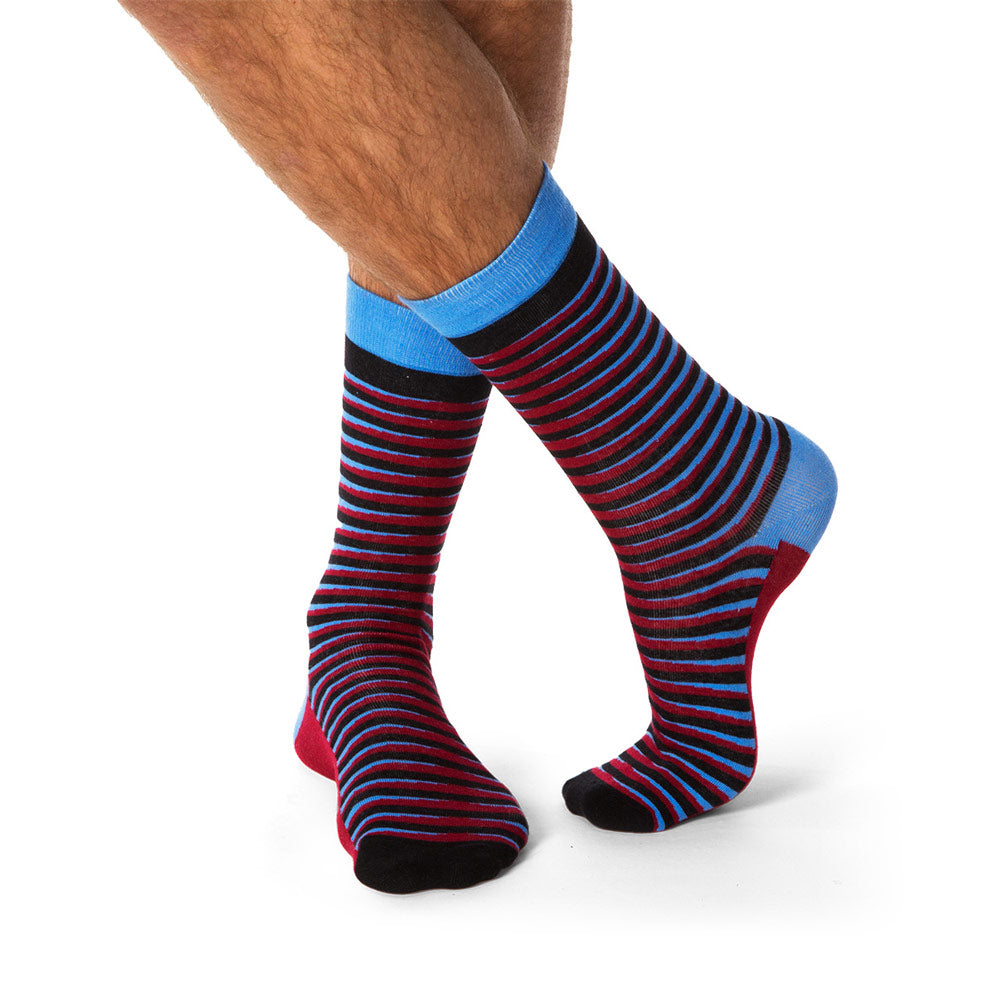 tall colorful striped socks in blue and red and black