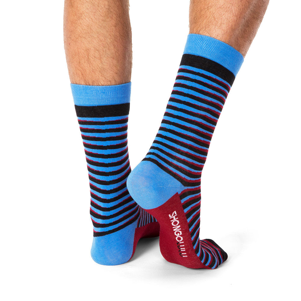 tall colorful striped socks in blue and red and black