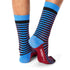 tall colorful striped socks in blue and red and black