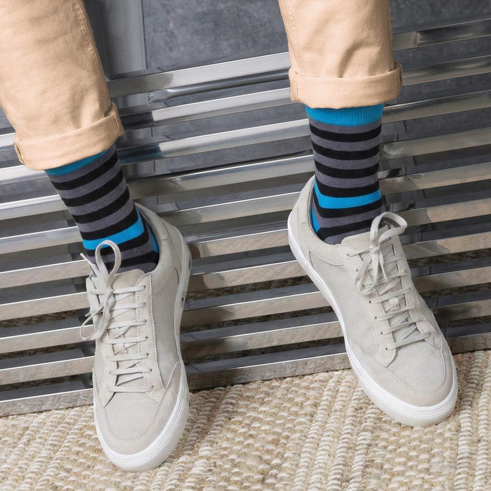 Shongolulu grey, black and blue stripe socks with Rhino print