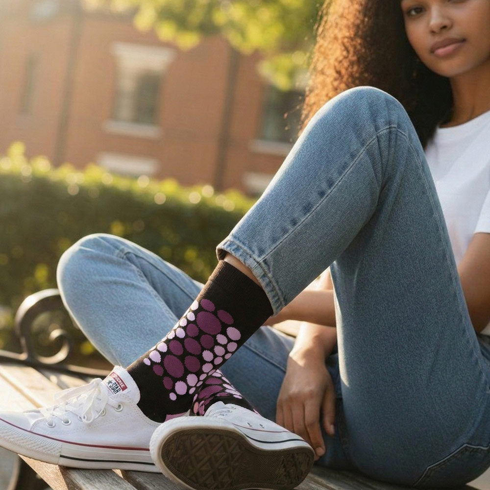 purple cheetah print sock worn by college coed
