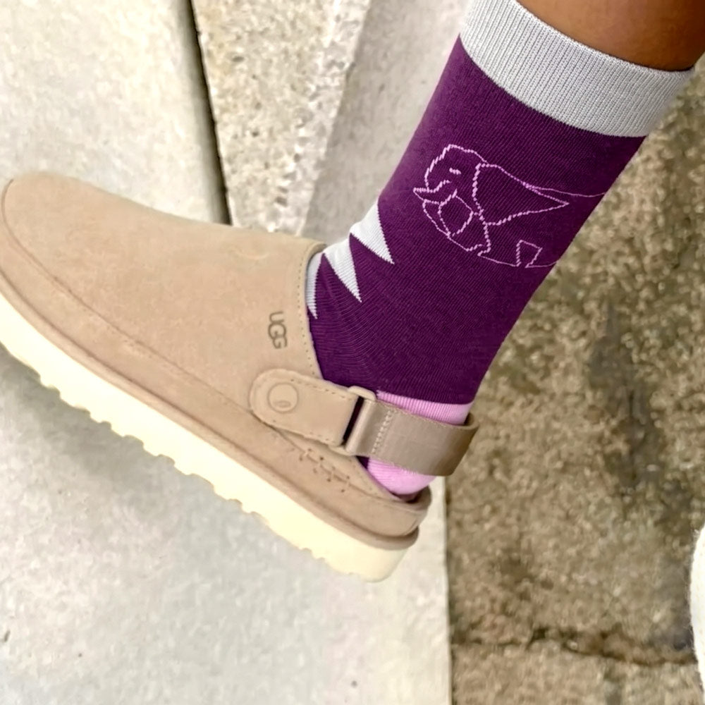 Ellie Purple Diamond Elephant Print Crew Socks worn with Uggs