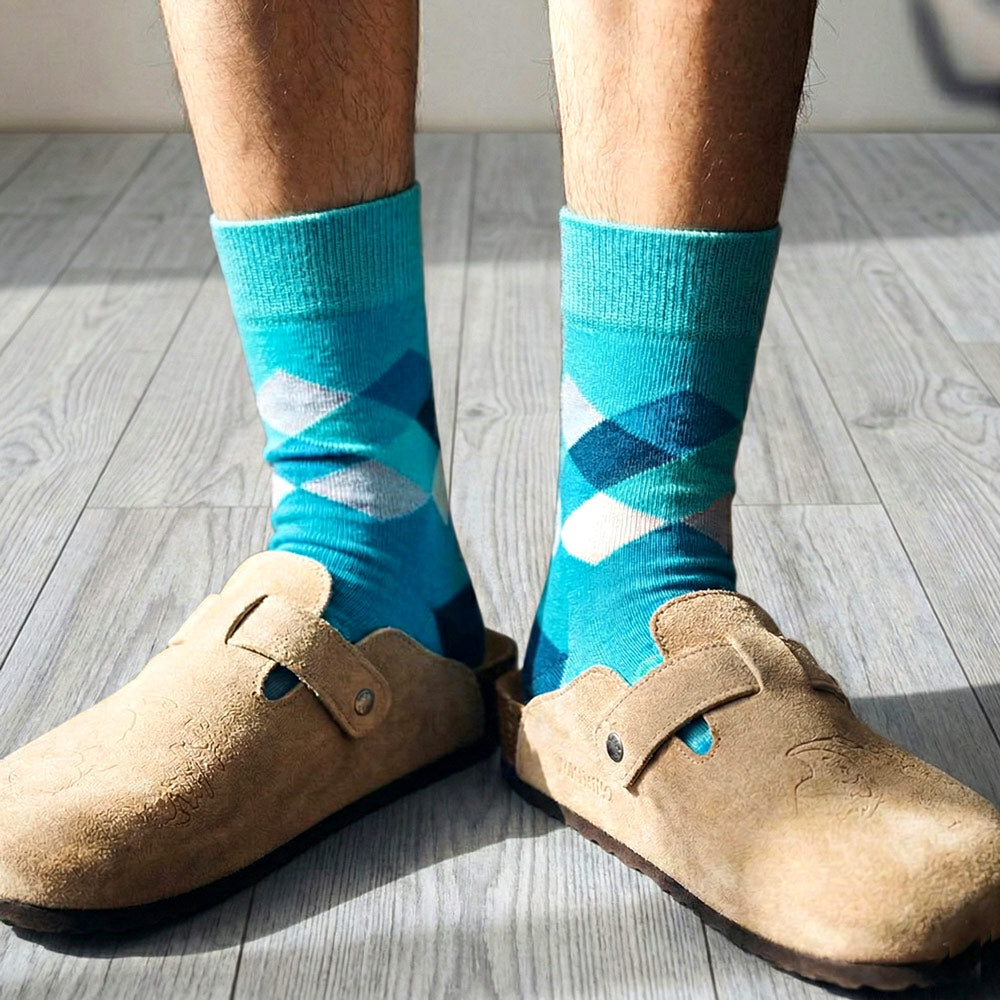 Ellie Blue Argyle Crew Socks w Elephant Print with Birkenstocks