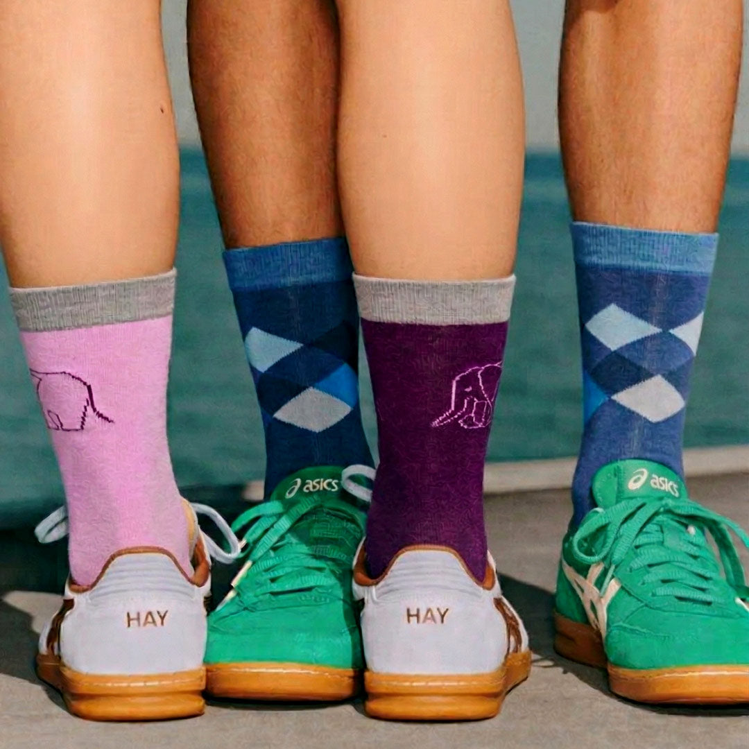 Shongolulu elephant print argyle socks in purple crew and blue tall