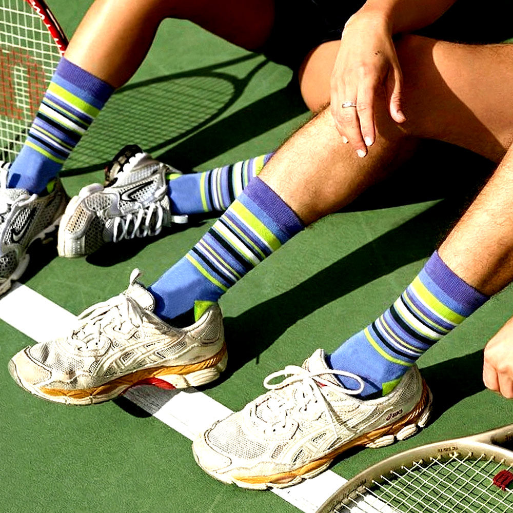 Rhino Print Blue & Neon Green Yellow Stripes Tall & Crew Sock Set - Shongolulu