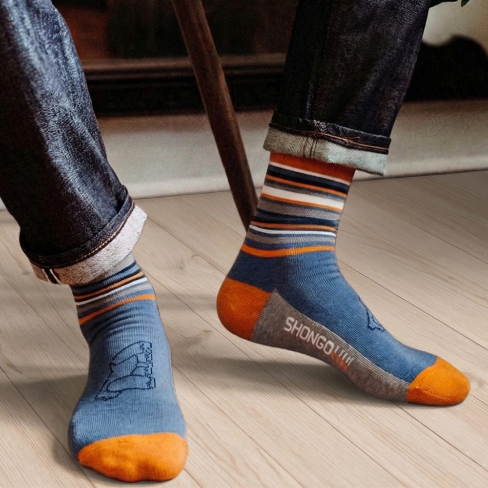 blue and orange striped mens socks with gorilla outline