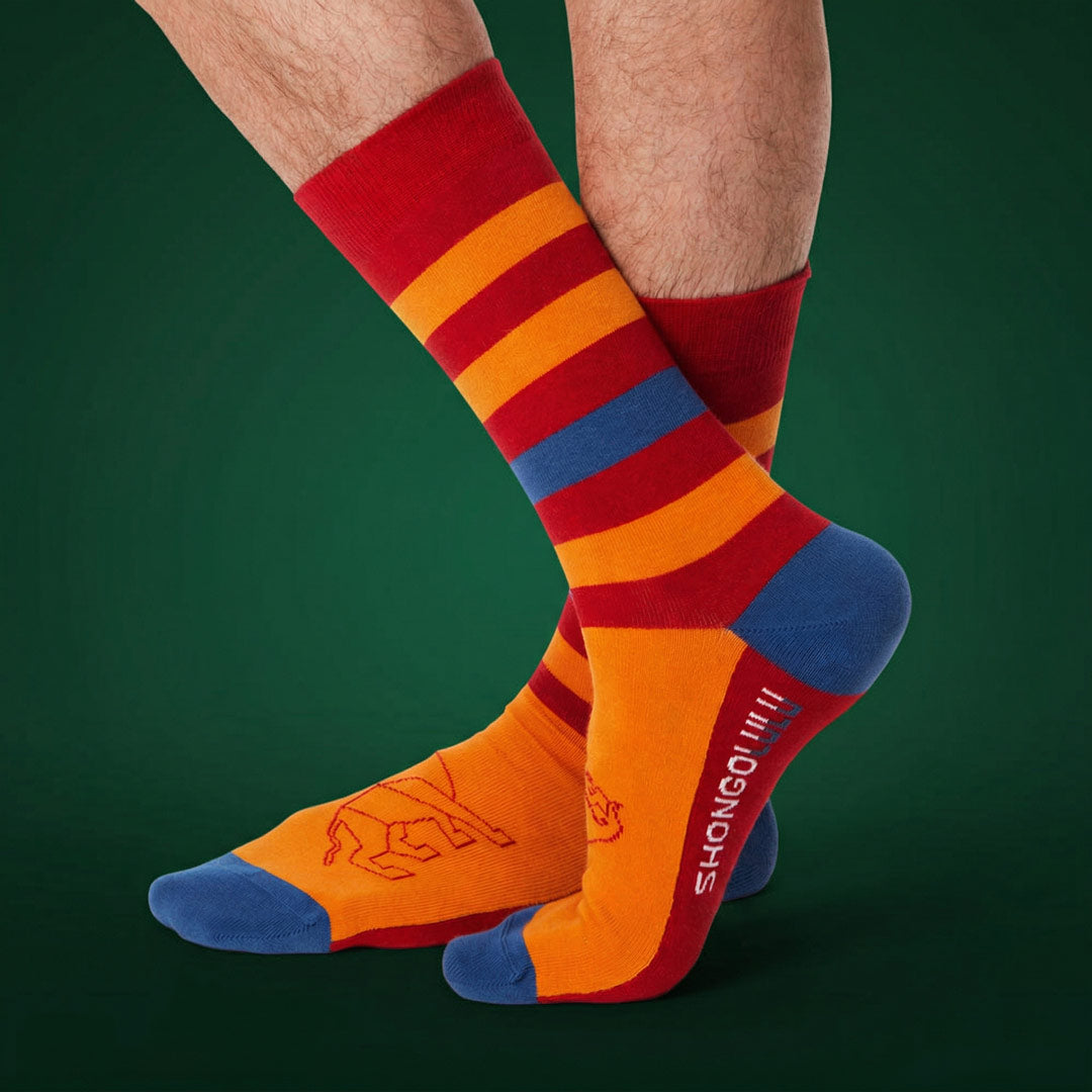 Red orange and blue striped socks with Lion graphic for men