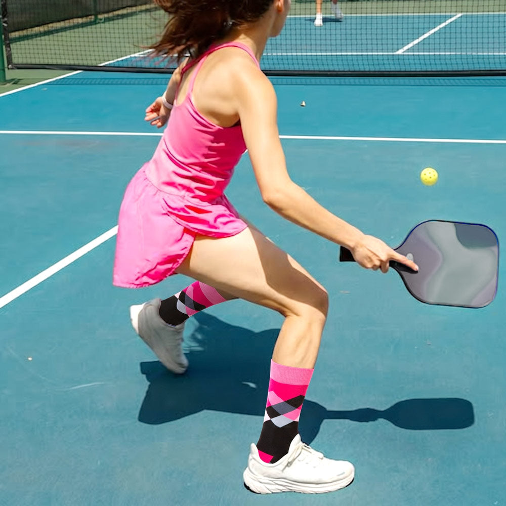 Rhino Print Pink &amp; Black Argyle Crew Socks shown worn during pickleball play