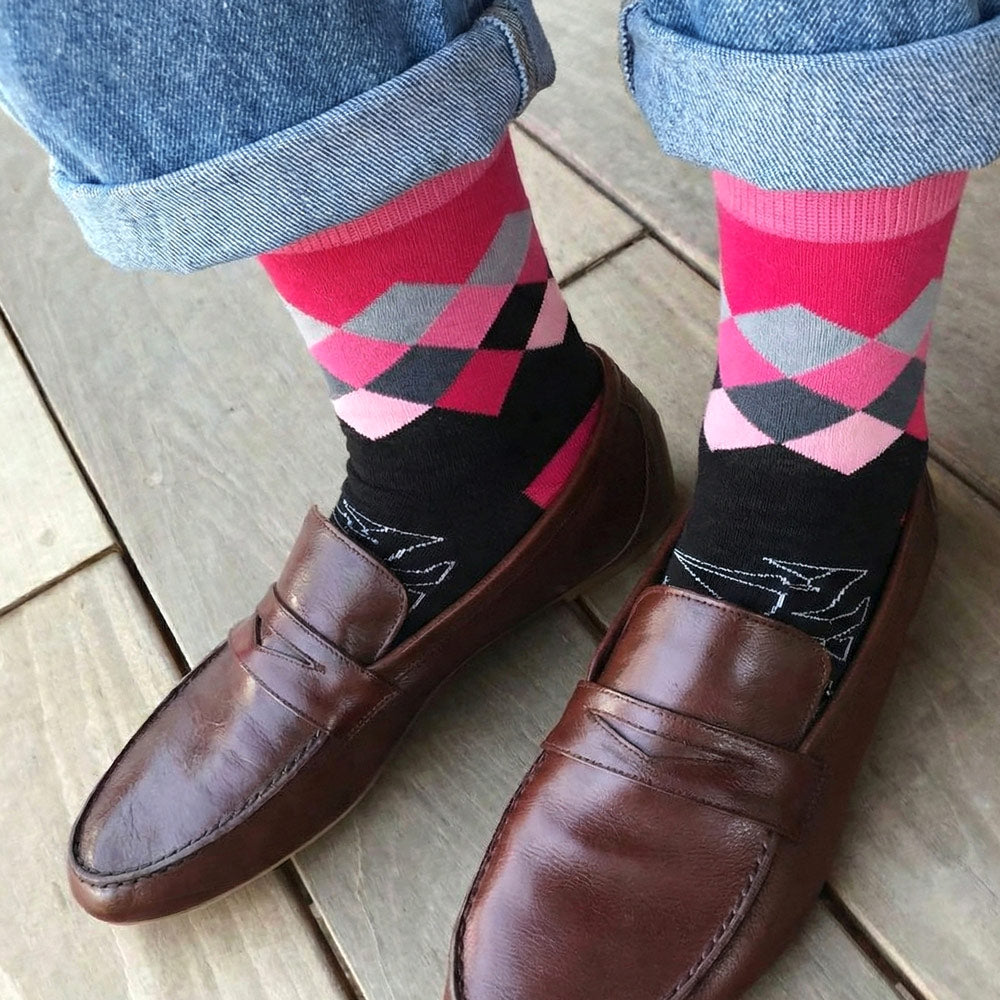 Pink & Black Rhino Print Argyle Socks: Support Rhino Conservation