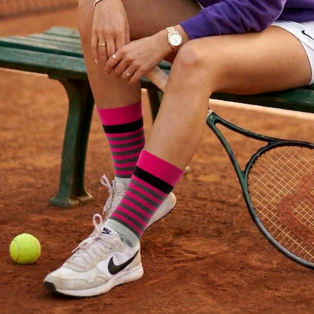 Ellie Pink &amp; Black Stripes Elephant Print Crew Socks worn by female tennis player