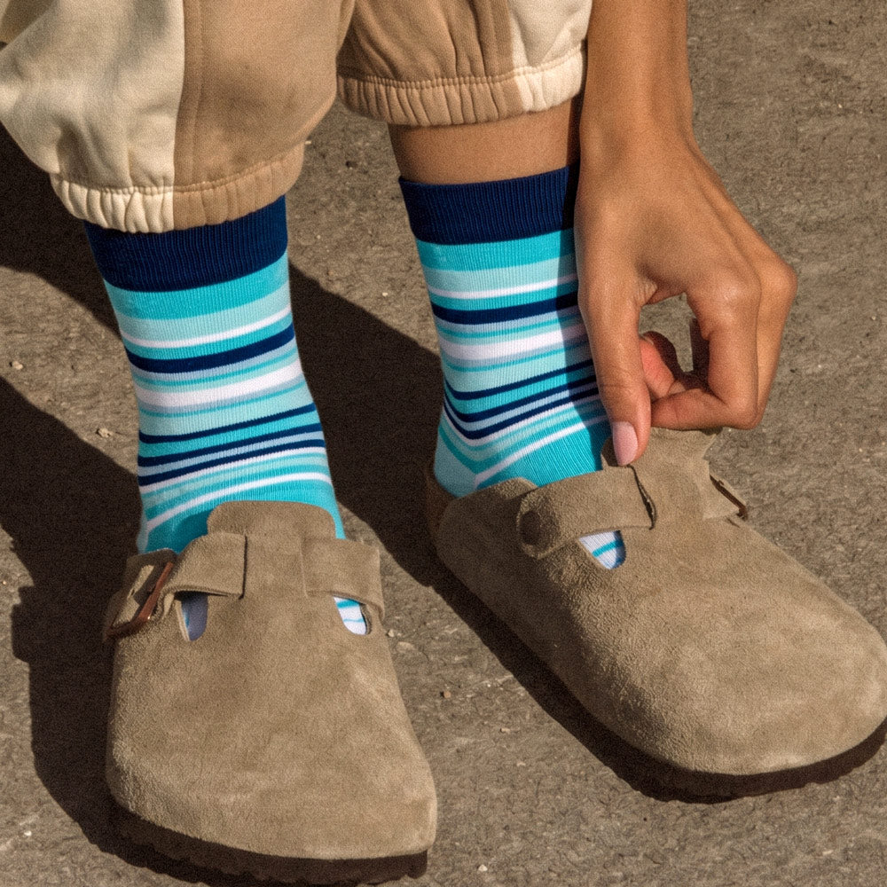 Polar Bear Print Blue Stripe Crew Socks shown worn with Birkenstock sandals