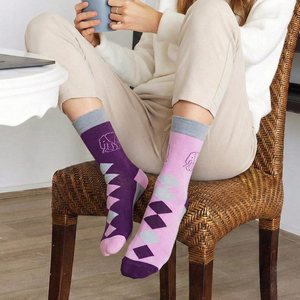 Elephant print socks in pink and purple argyle