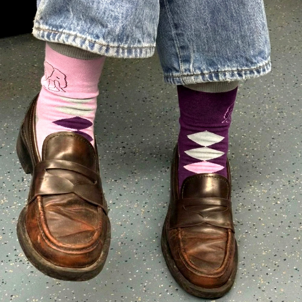 Ellie Elephant Print Purple Diamond Crew Socks with leather loafers