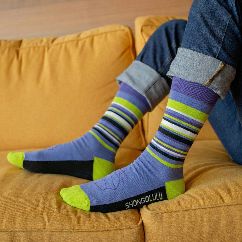 Rhino Print Purple, Neon Green, White & Black Stripe Crew Socks