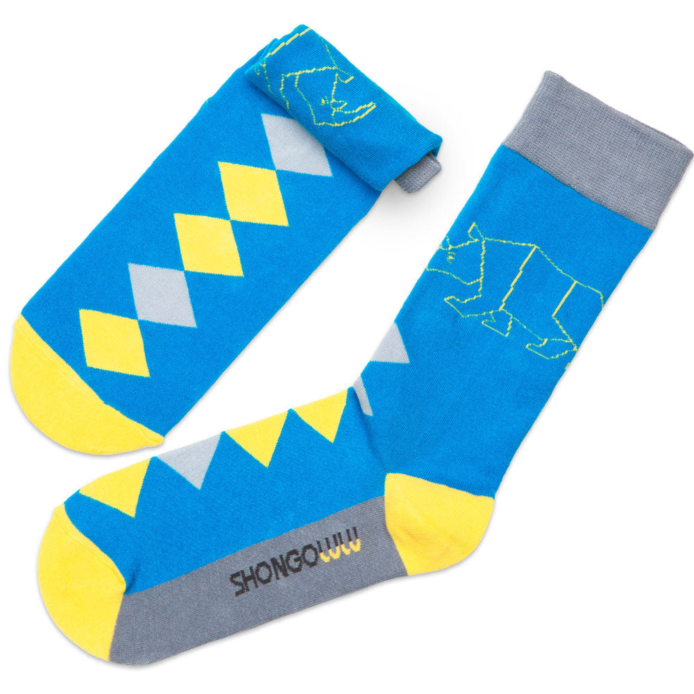 yellow diamond and blue crew socks for women and girls, with rhino print