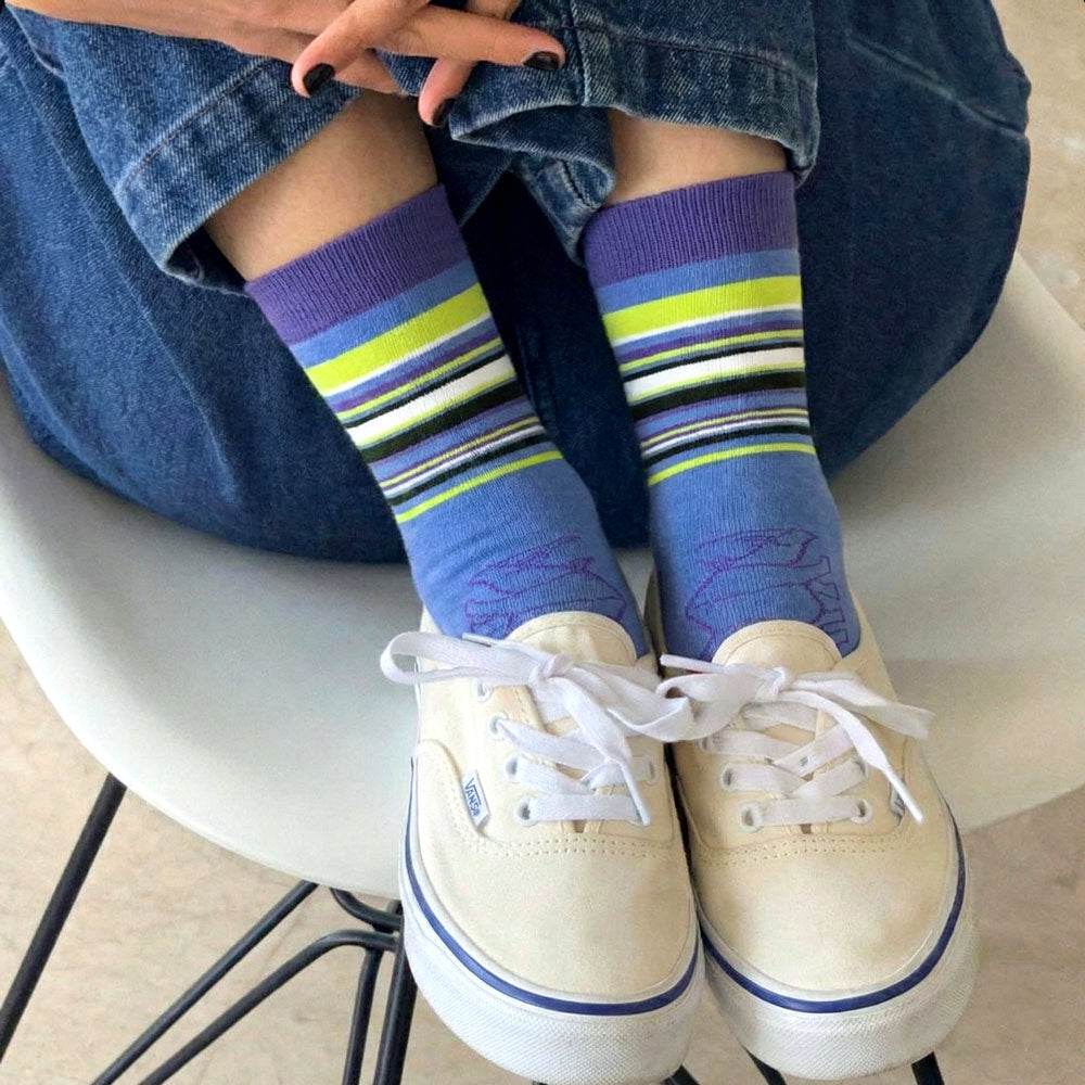 Rhino Print Purple, Neon Green, White & Black Stripe Crew Socks