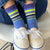 Rhino Print Purple, Neon Green, White & Black Stripe Crew Socks