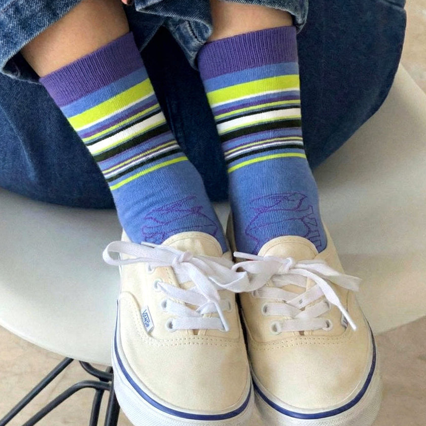 Rhino Print Purple, Neon Green, White & Black Stripe Crew Socks