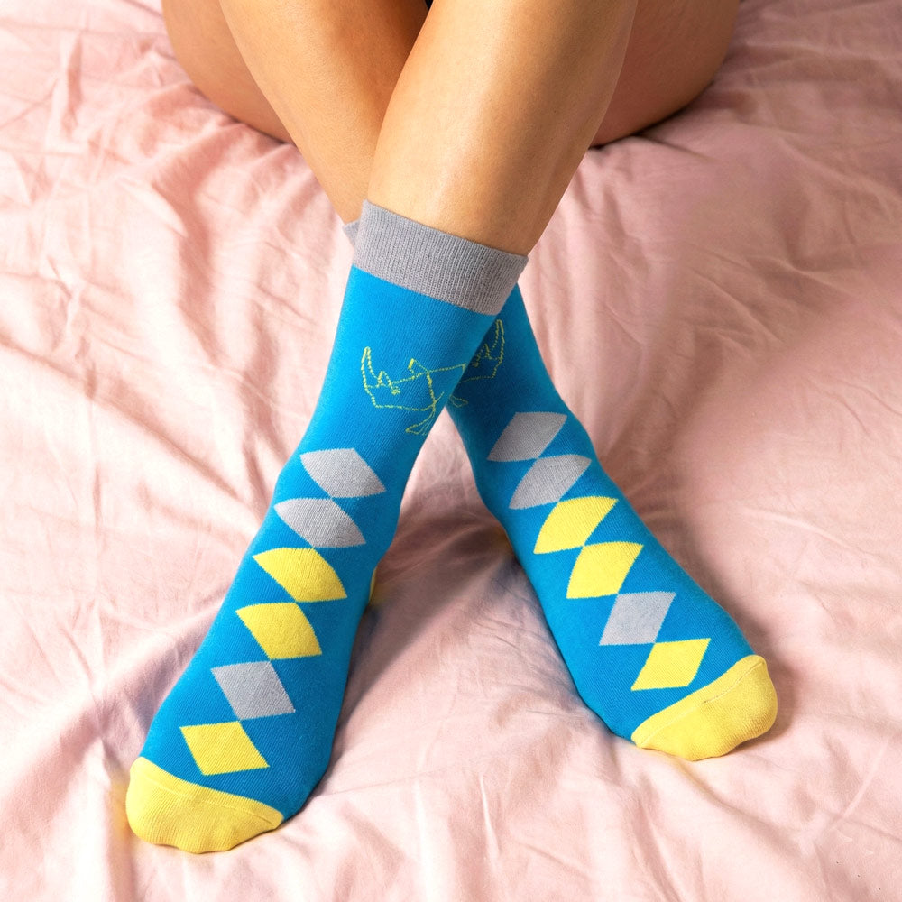 Argyle Crew Socks in Blue Yellow & Grey with Rhino Print