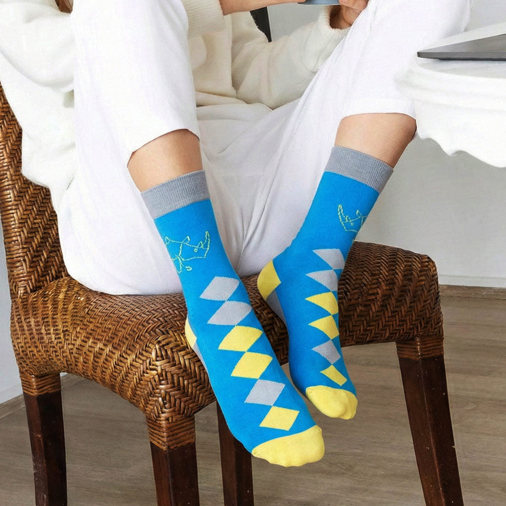 Rhino Print Blue, Yellow &amp; Grey Argyle Crew Socks worn with white pants