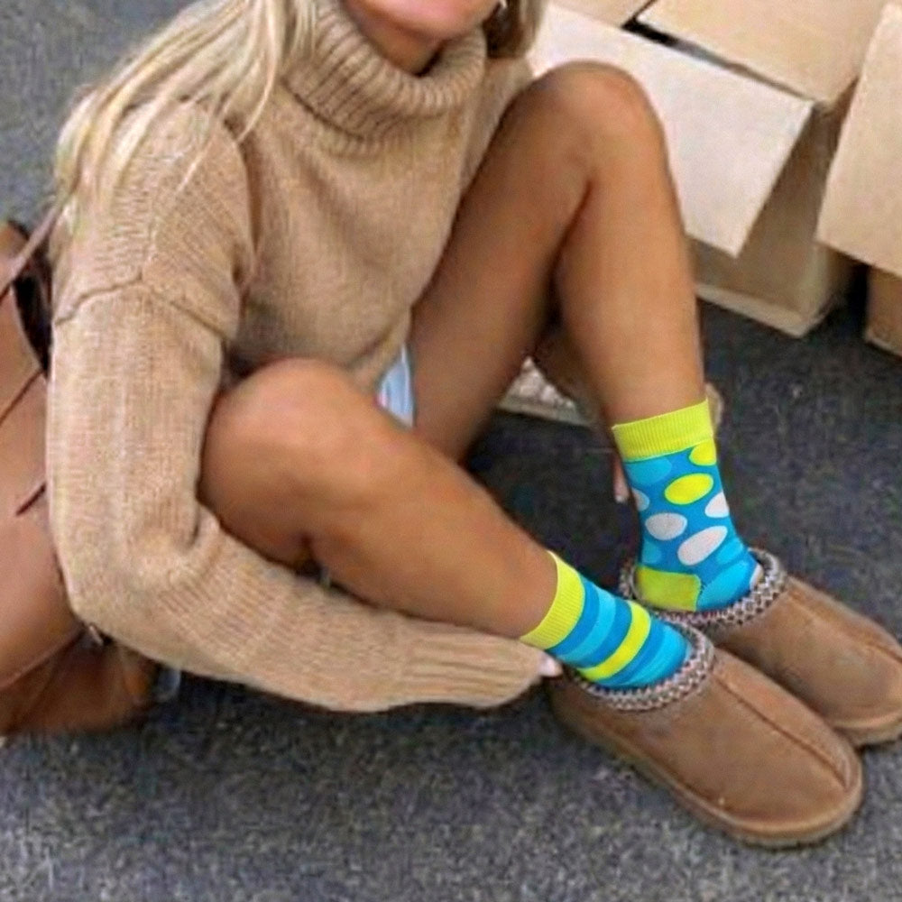 Neon Green & Blue Crew Socks w Spots and Stripes with Uggs