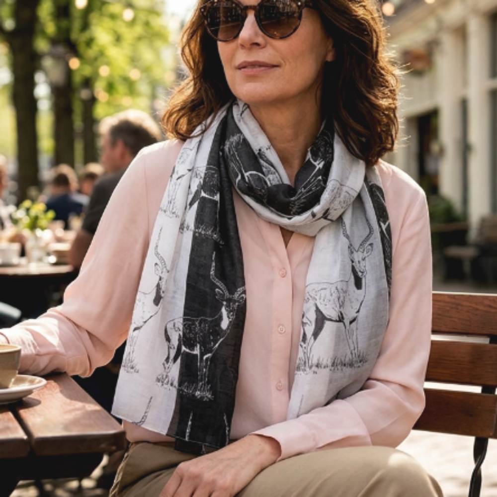 Woman wearing a Grace Antelope Print Scarf in Grey and sunglasses outdoors at a cafe outdoors