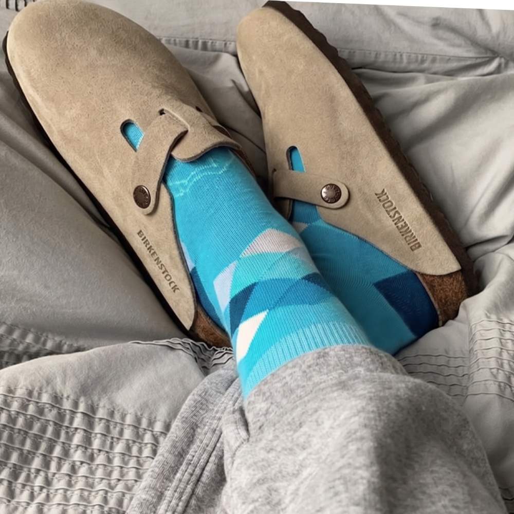 Ellie Blue Argyle Elephant Print Crew Socks worn with Birkenstock sandals