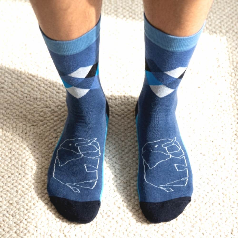 top down view of the Shongolulu elephant print blue argyle socks