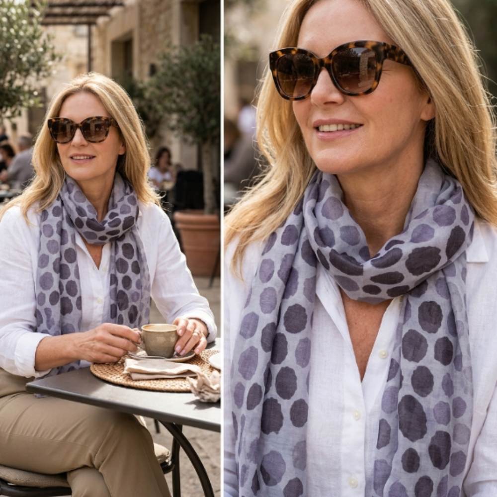 Woman wearing aShongolulu Leopard Print Scarf in Purple & Grey outdoors, at a cafe.